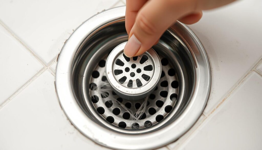 Abflusssieb wird in Dusche eingesetzt