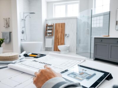 Badezimmer Planungsphase mit Grundriss und Materialmustern