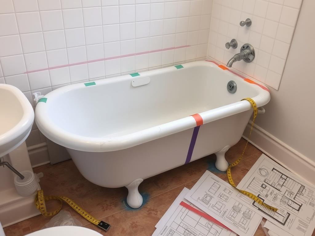 Badezimmer mit markierten Wasseranschlüssen und Abfluss für den Umbau von Badewanne zu Dusche