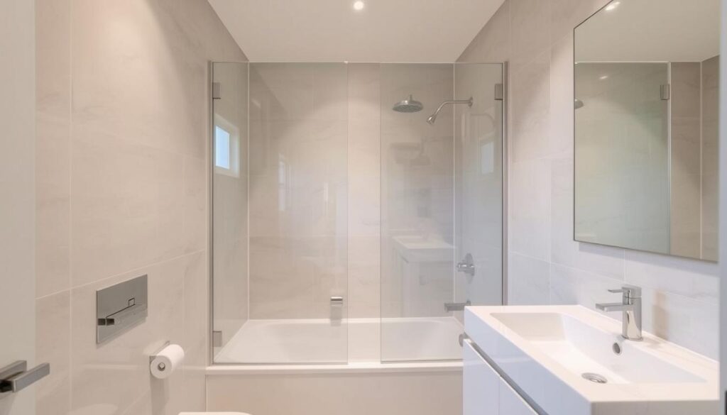 Badezimmer mit optisch vergrößernden Design-Elementen nach Umbau von Badewanne zu Dusche