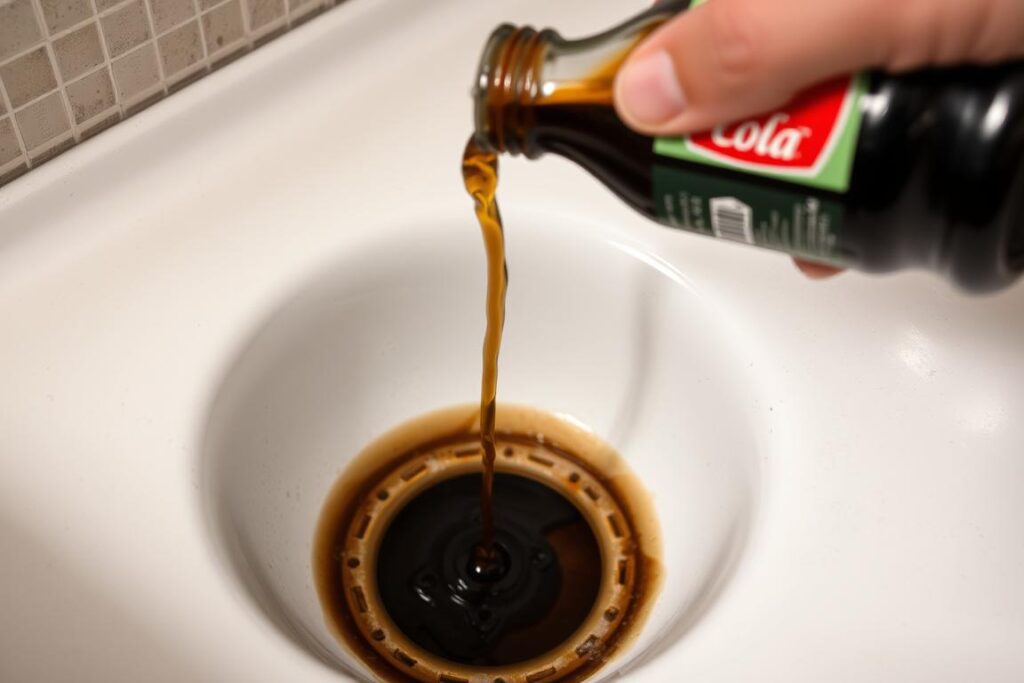 Cola wird in verstopften Abfluss gegossen