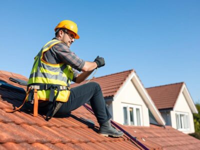 Dachdecker bei der Arbeit auf einem Hausdach mit Werkzeugen und Materialien