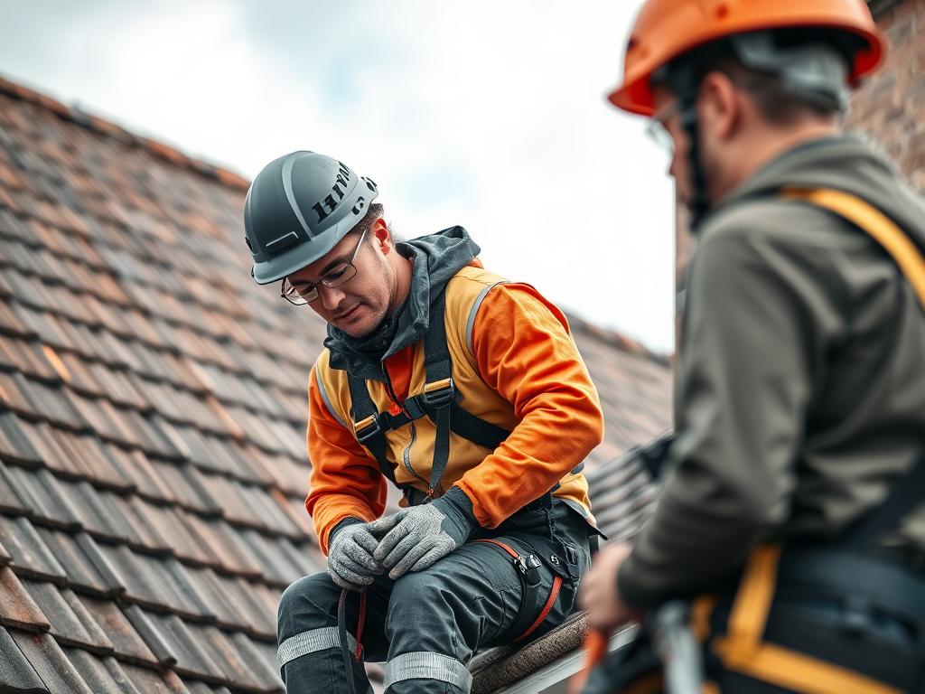 Dachdecker mit Sicherheitsausrüstung auf einem Dach