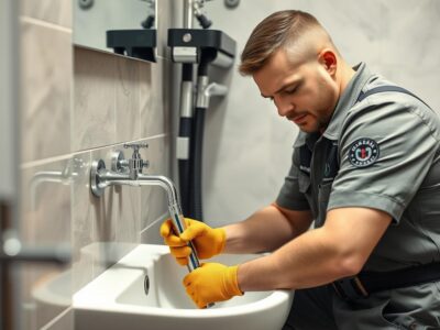 Ein Klempner in der Nähe repariert ein Waschbecken mit professionellem Werkzeug