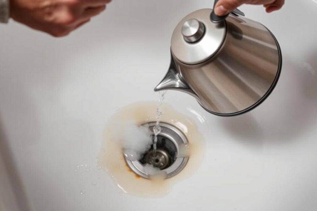 Heißes Wasser wird in verstopften Abfluss gegossen