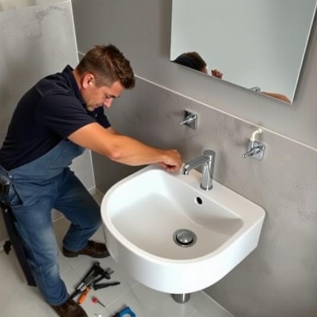 Klempner in der Nähe installiert ein neues Waschbecken