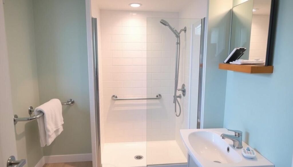 Modernes barrierefreies Badezimmer mit ebenerdiger Dusche und Förderungen & Zuschüsse für die Badsanierung Möglichkeiten