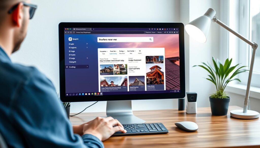 Person sucht am Computer nach Dachdeckern in der Nähe