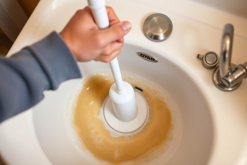 Pömpel wird an verstopftem Waschbecken verwendet