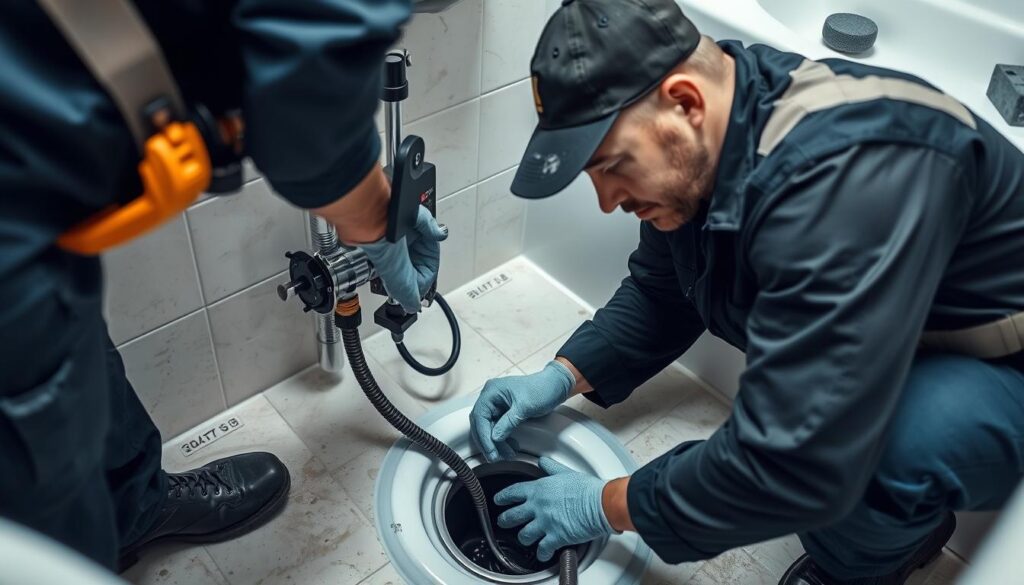 Professioneller Klempner bei der Arbeit an verstopftem Abfluss