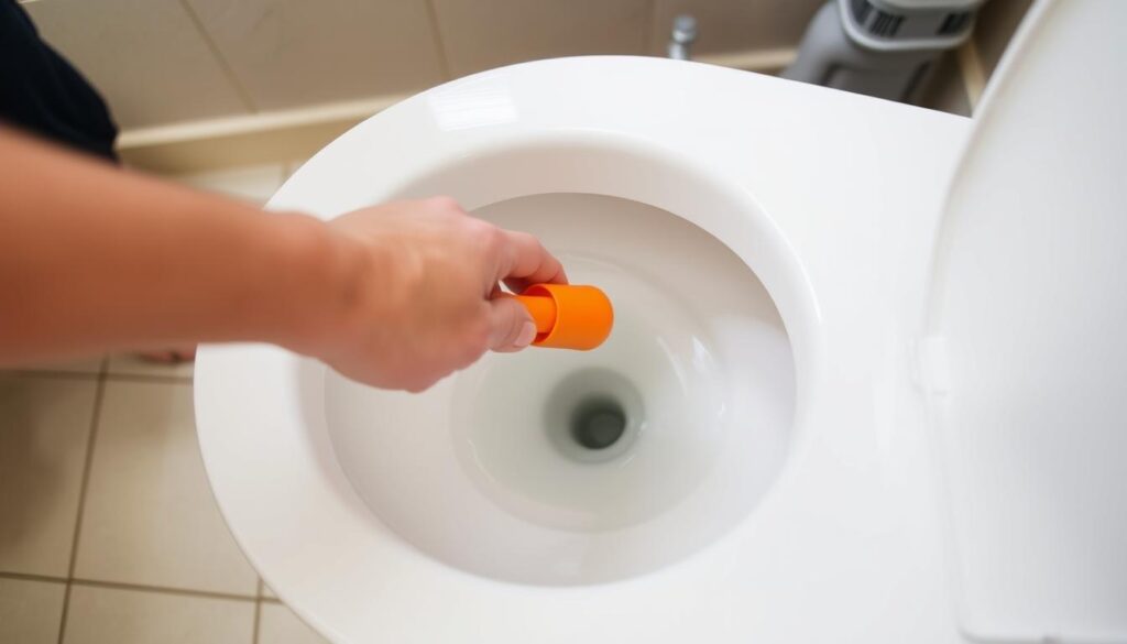 Verstopfte Toilette wird mit Toilettenpömpel behandelt
