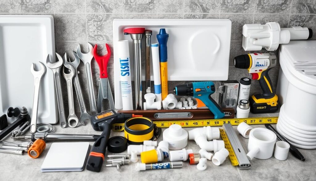 Werkzeuge und Materialien für den Umbau von Badewanne zu Dusche