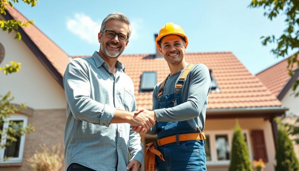 Zufriedener Hausbesitzer mit fertiggestelltem Dachprojekt und Dachdecker