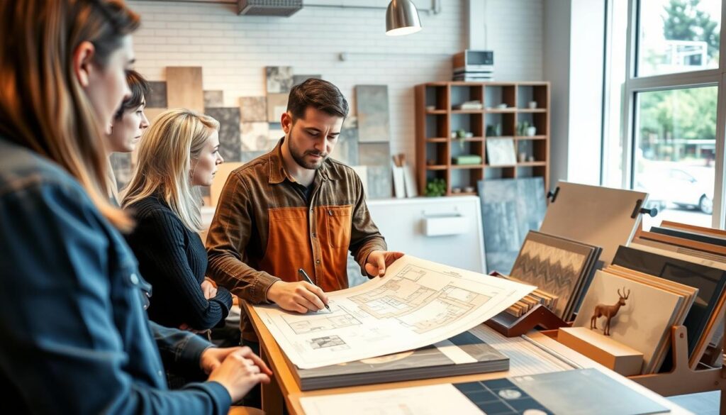 Beratungsgespräch im Fliesenarbeiten Meisterbetrieb mit Kunden und Fliesenmuster