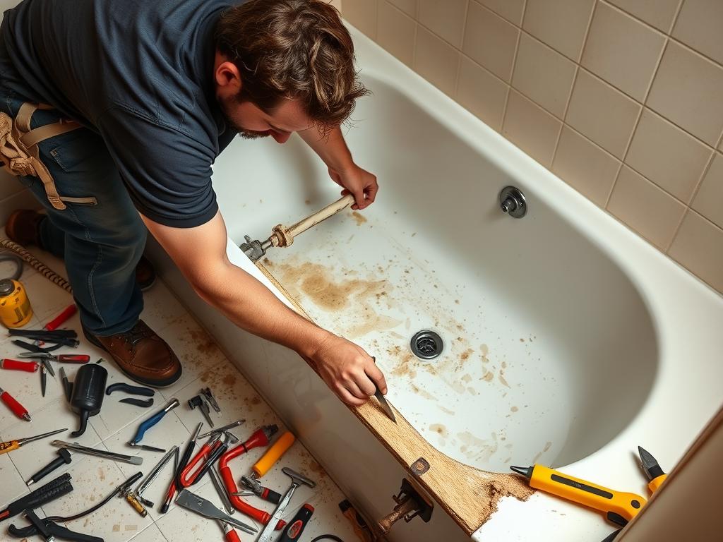 Demontage einer alten Badewanne für den Umbau zur Dusche