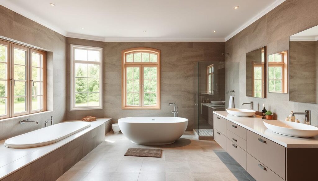 Großzügiges Badezimmer in Niedersachsen mit freistehender Badewanne nach der Badrenovierung