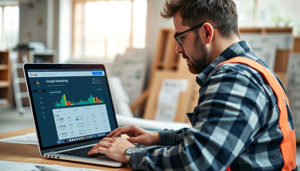 Handwerker analysiert Online-Marketing-Kampagne auf einem Laptop