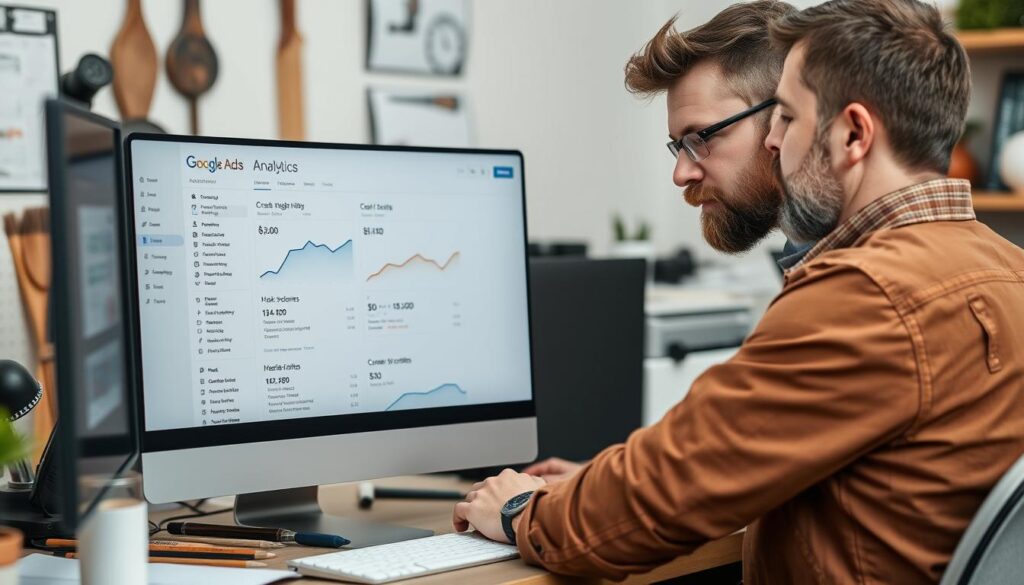 Handwerker analysiert die Ergebnisse seiner Google Ads Kampagne auf dem Computer