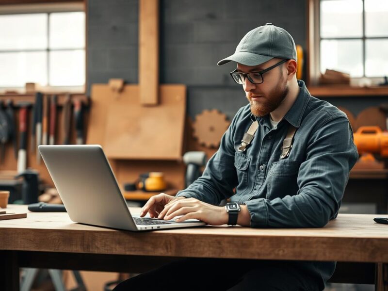 Handwerker bei der Arbeit mit Werkzeug und Laptop zur Auftragssuche