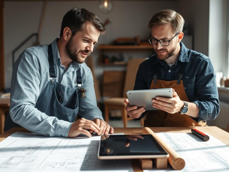 Handwerker bei der Kundenberatung mit Planungsunterlagen