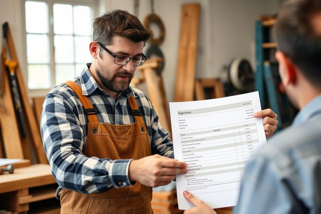Handwerker erklärt einem Kunden ein transparentes Angebot mit aufgeschlüsselten Kosten