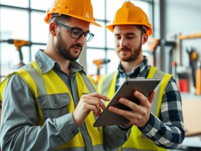 Handwerker mit Tablet sucht nach Online Aufträgen