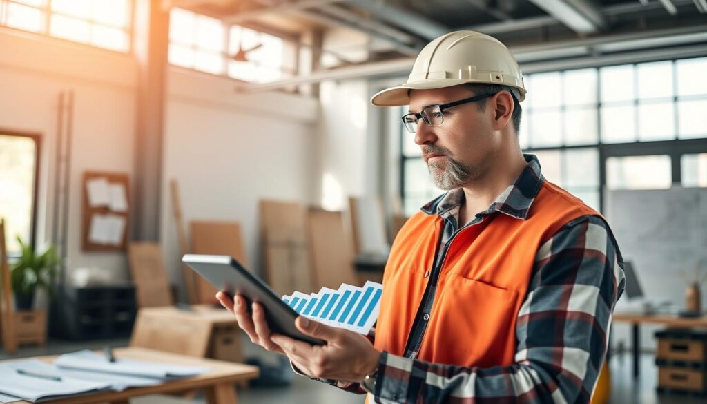 Handwerker mit steigender Auftragskurve und digitalem Erfolg