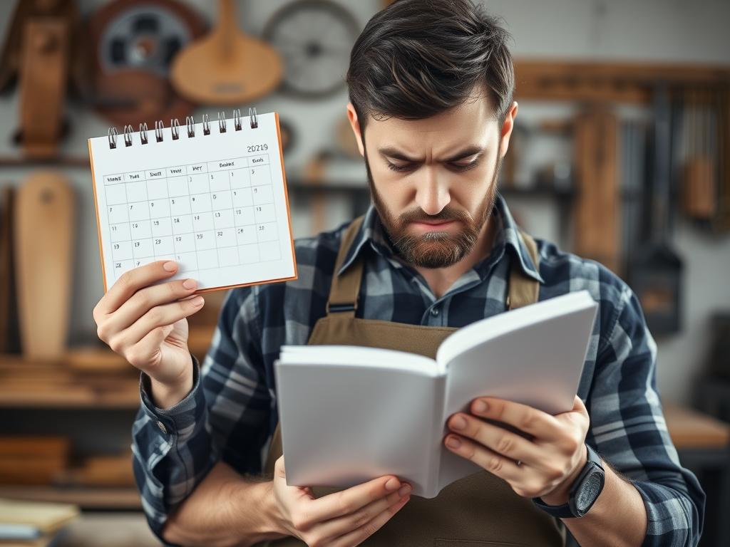Handwerker schaut besorgt auf leeren Terminkalender - Symbolbild für Auftragsmangel