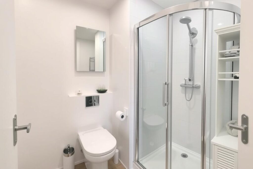 Kleines Badezimmer in Niedersachsen mit platzsparenden Lösungen nach der Badrenovierung