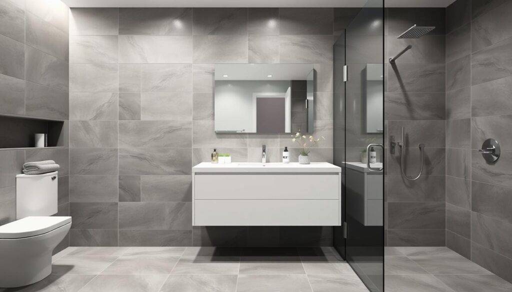 Minimalistisches Badezimmer mit großformatigen grauen Fliesen in Hannover