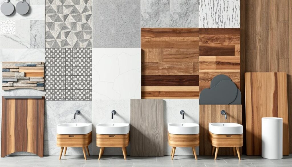Moderne Badezimmergestaltung mit verschiedenen Materialmustern für die Badsanierung 2025