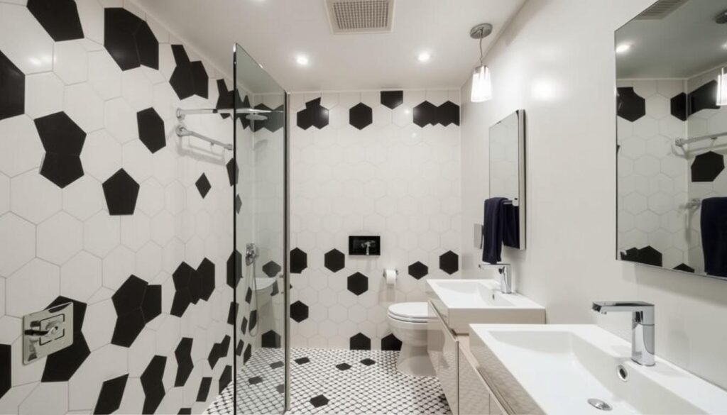 Modernes Badezimmer mit geometrischen Fliesenmustern von Fliesenleger Hannover