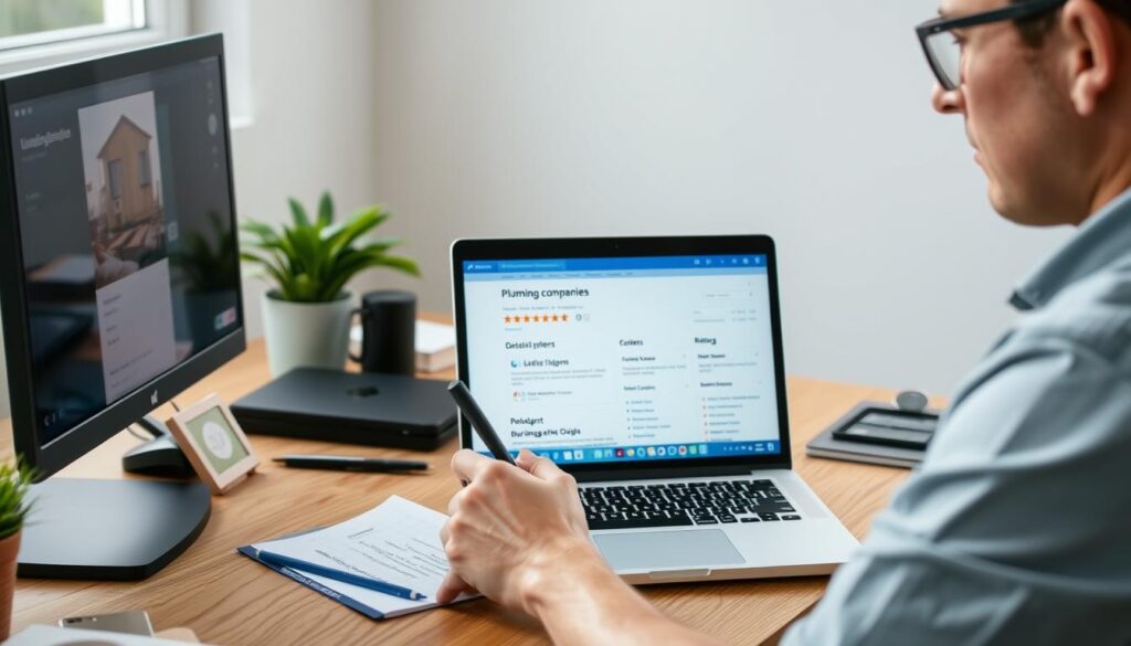 Person recherchiert online nach Sanitärinstallateuren