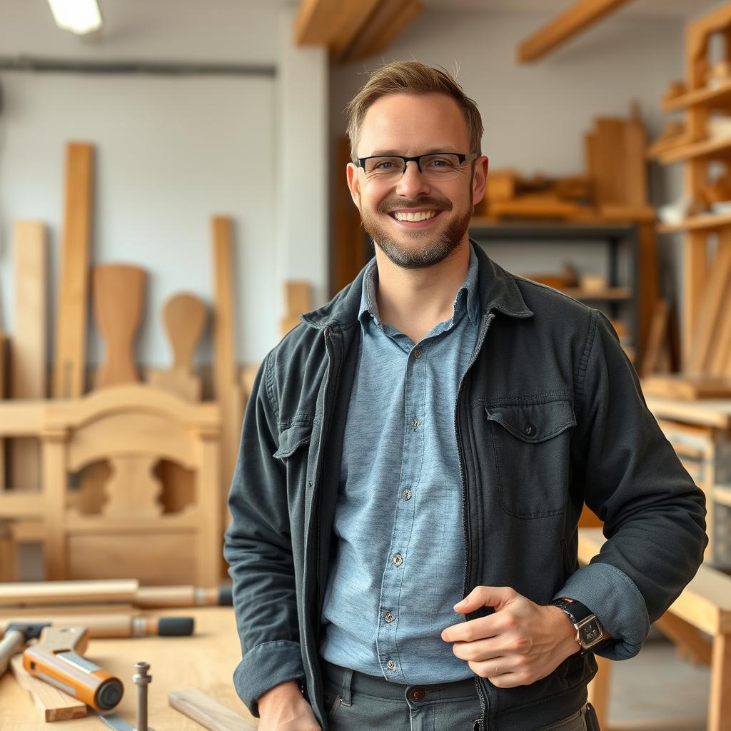 Porträt eines erfolgreichen Tischlers in seiner Werkstatt