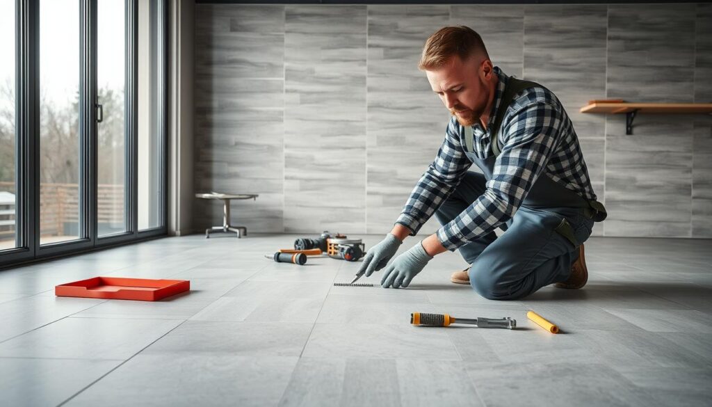 Professionelle Fliesenarbeiten Meisterbetrieb mit Handwerker bei der präzisen Verlegung von Bodenfliesen