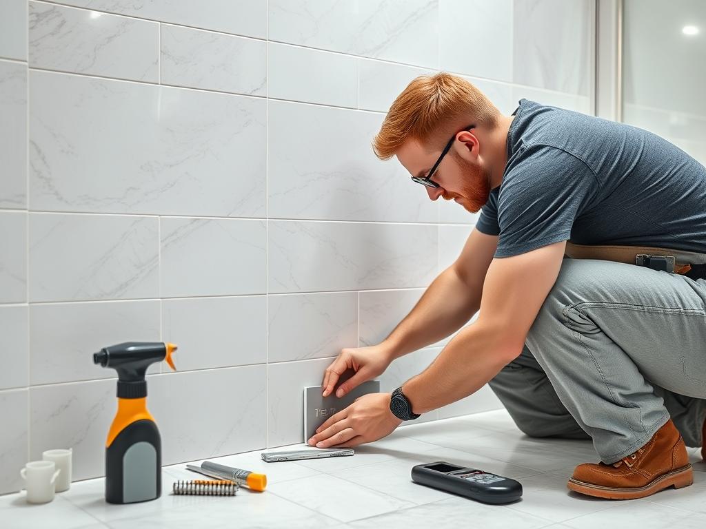 Professioneller Fliesenleger bei der präzisen Arbeit in einem Badezimmer in Hannover