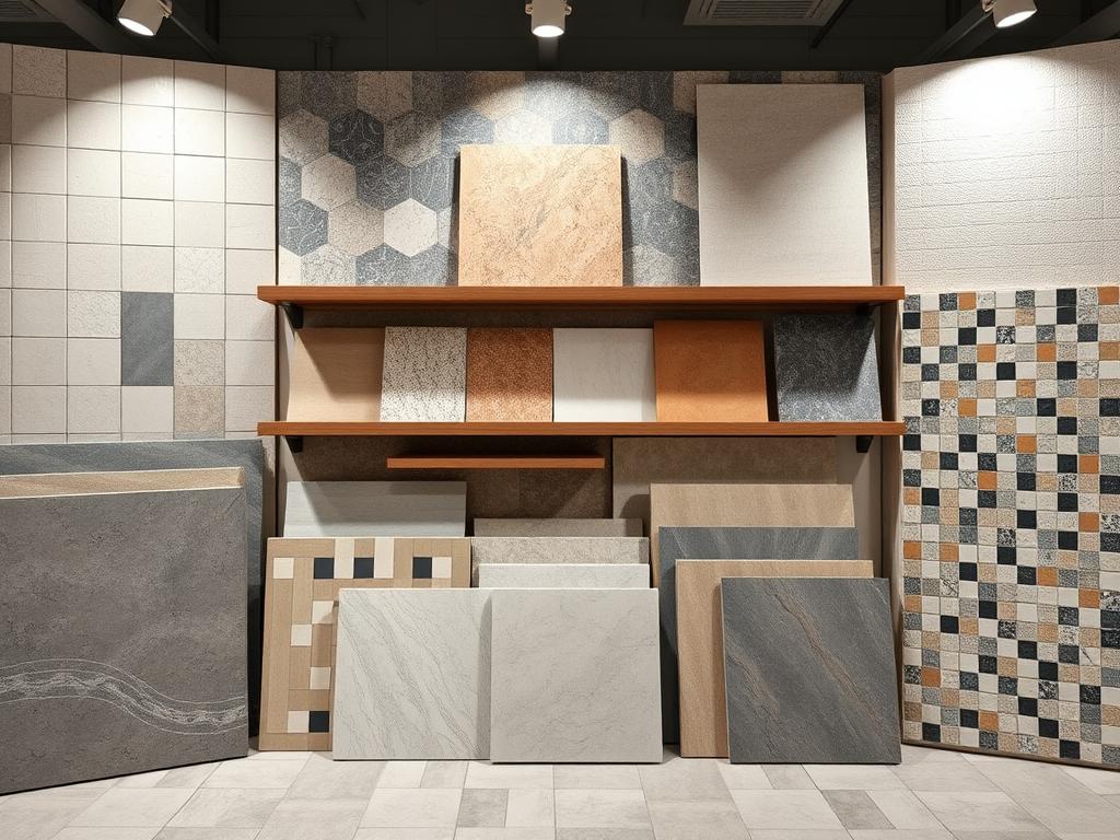 Verschiedene Fliesentypen vom Meisterbetrieb präsentiert: Keramik, Feinsteinzeug, Naturstein und Mosaik