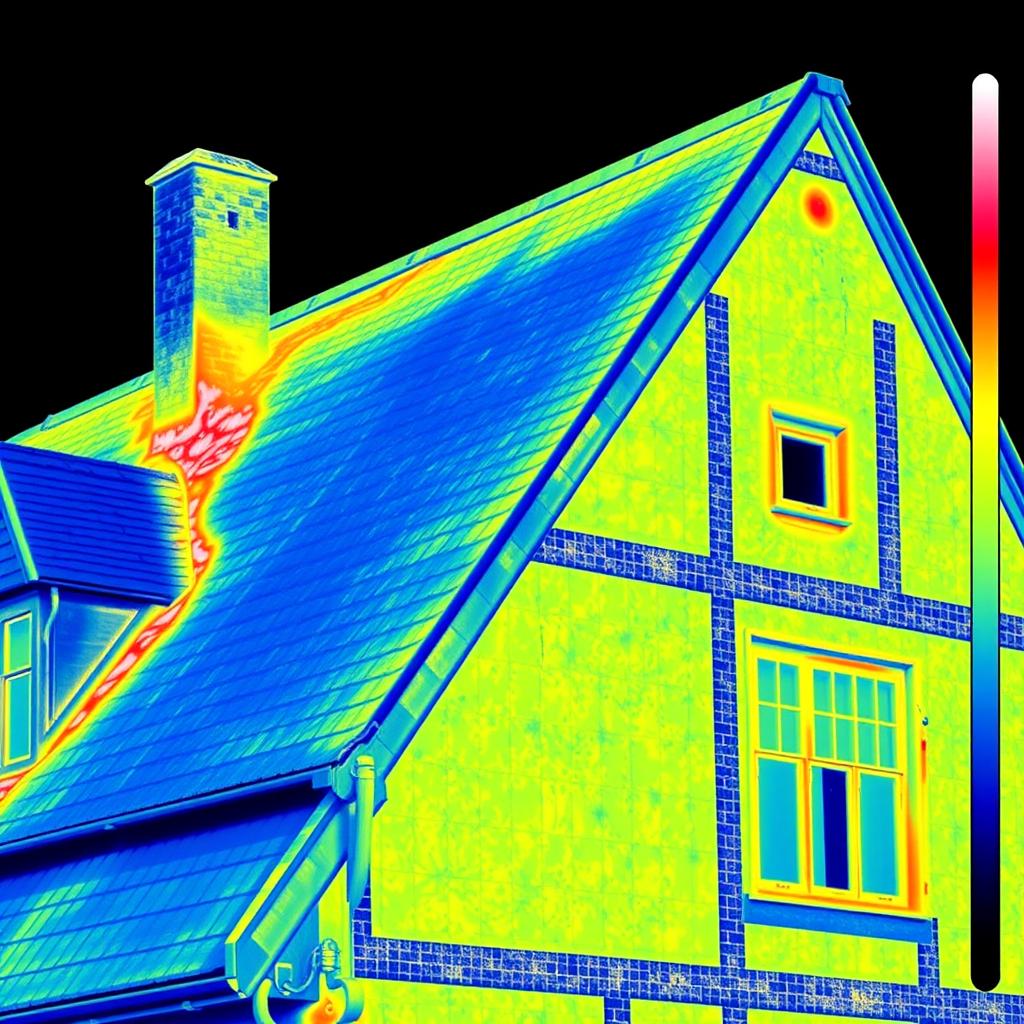 Wärmebild eines ungedämmten Altbau-Daches mit deutlichen Wärmeverlusten