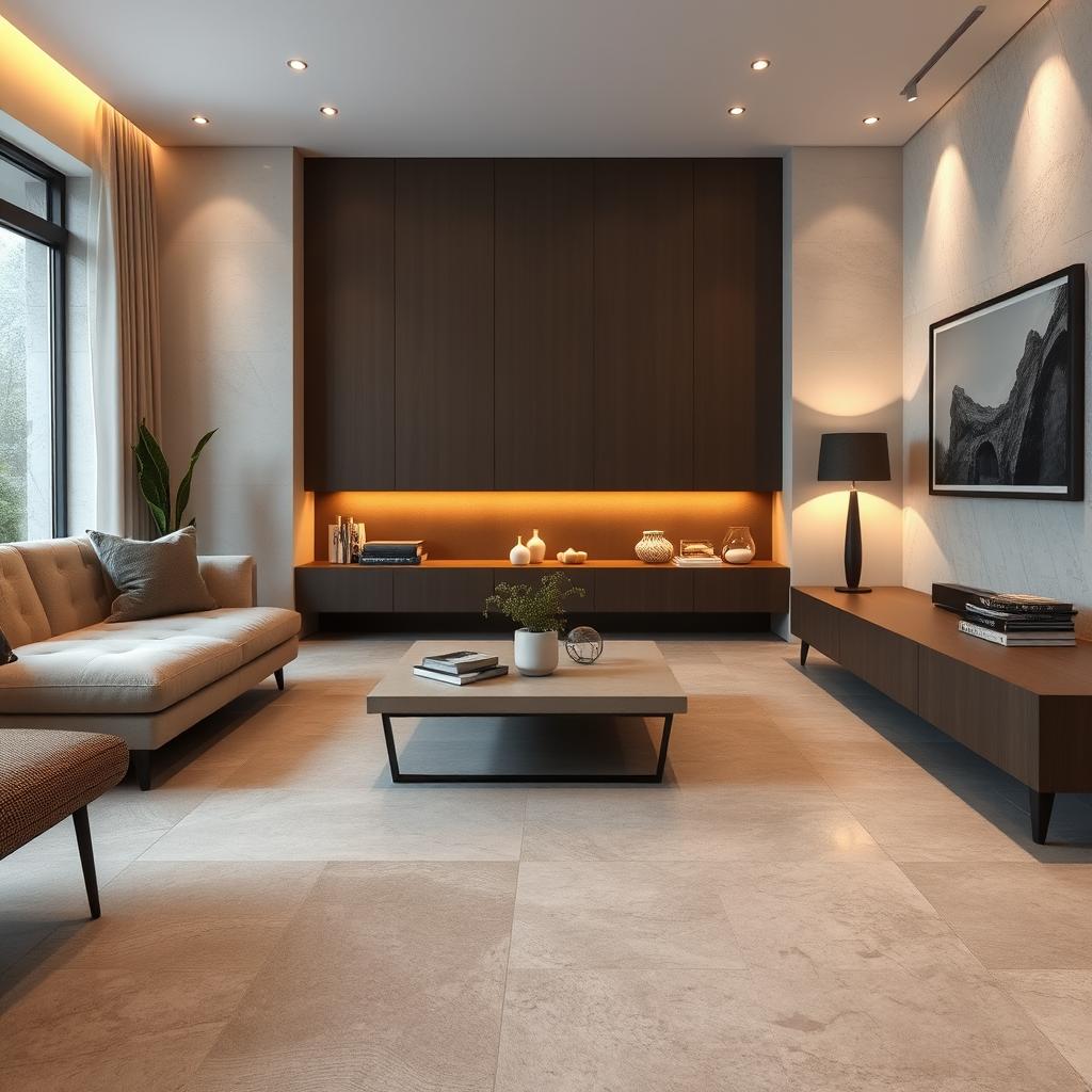 Wohnzimmer mit Natursteinfliesen vom Meisterbetrieb professionell verlegt