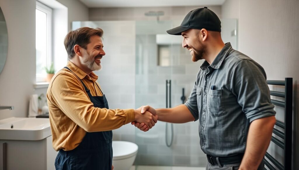 Zufriedene Kunden im Gespräch mit einem Sanitärinstallateur