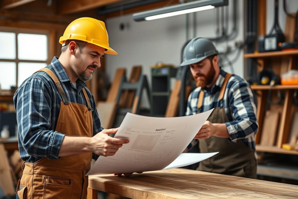 Zwei Handwerker unterschiedlicher Gewerke besprechen eine Kooperation bei einem Projekt