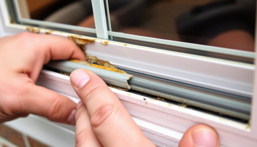 Austausch einer Fensterdichtung mit sichtbarem Unterschied zwischen alter und neuer Dichtung