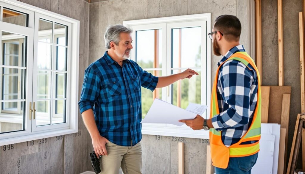 Bauherr im Gespräch mit Fachmann über die Fenster Montage im Neubau