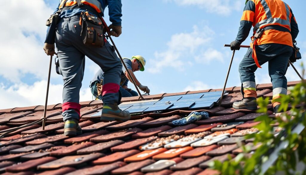 Dachdecker bei der Reparatur eines sturmgeschädigten Daches mit Materialien und Werkzeugen