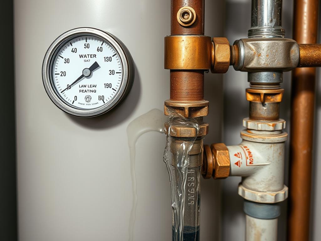 Defekte Heizungsanlage mit sichtbarem Wasserleck und Druckanzeige