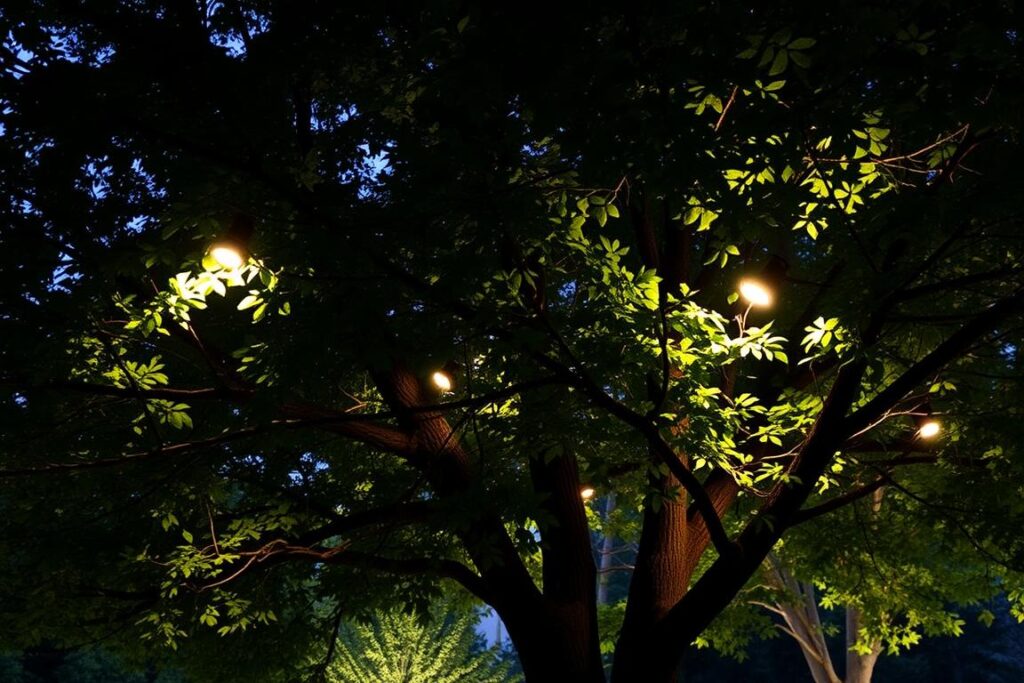 Downlighting-Technik mit in Bäumen installierten Strahlern