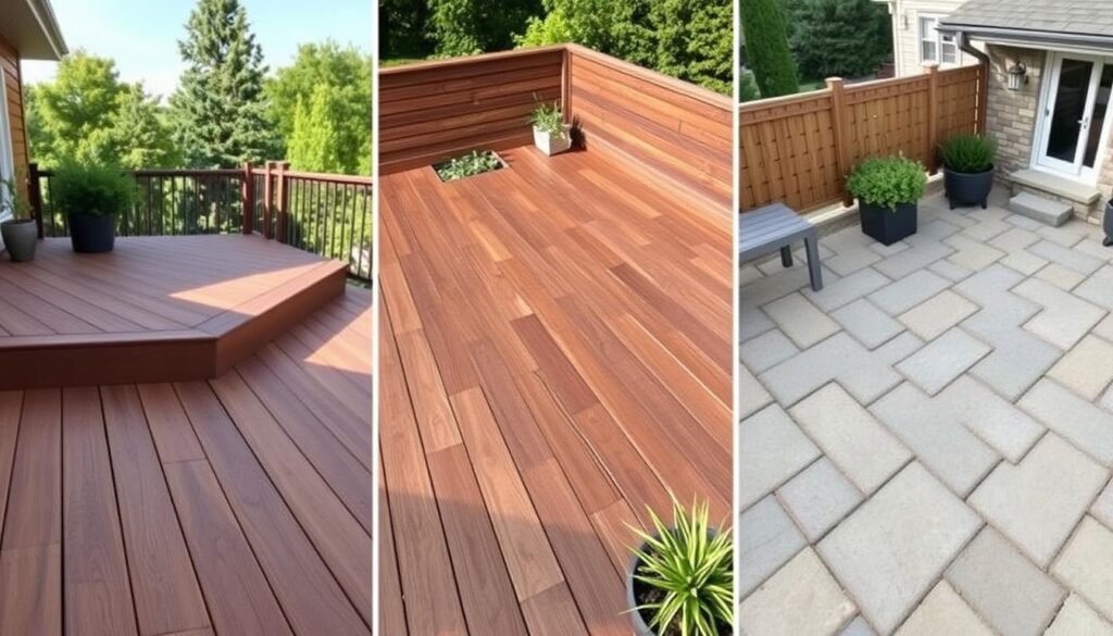 Drei verschiedene Terrassen aus WPC, Holz und Stein im Vergleich beim Terrassenbau