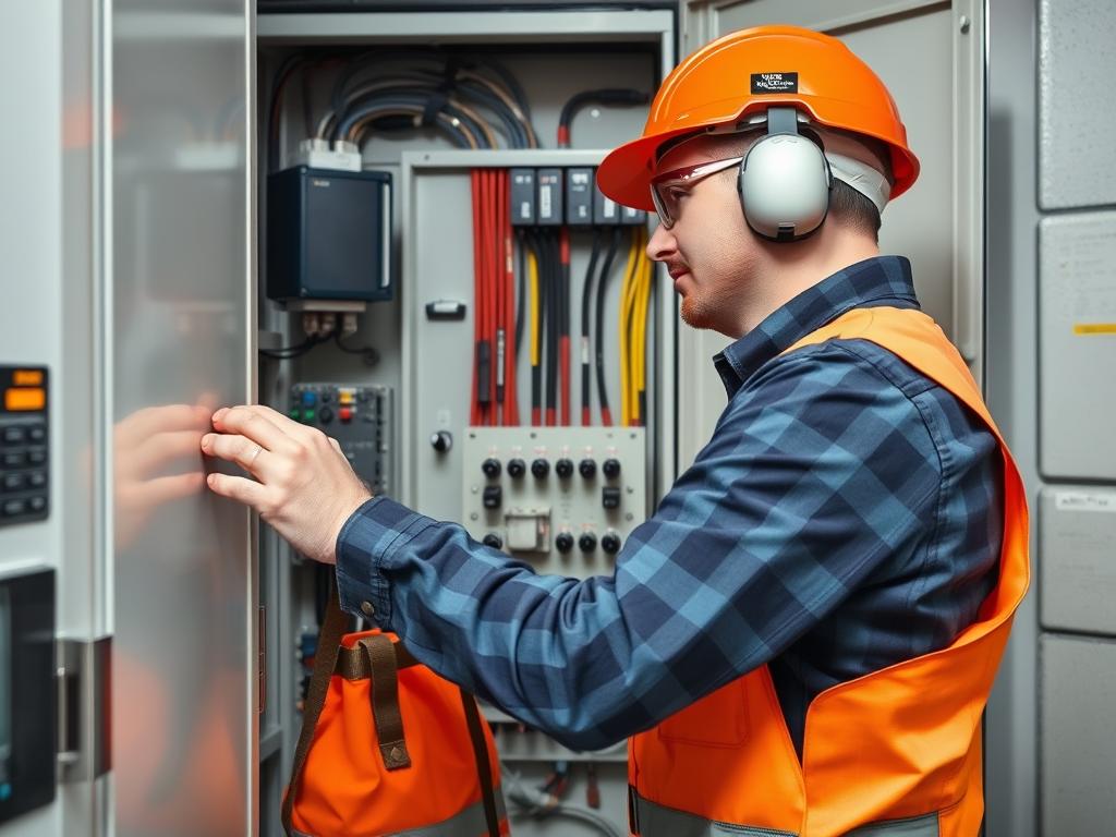 Ein Elektriker vom Fachbetrieb prüft einen Sicherungskasten nach DIN VDE 0100 Standards