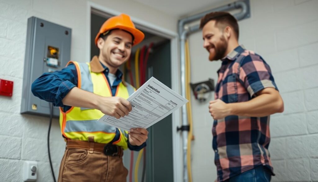 Ein Elektriker vom Fachbetrieb übergibt ein Prüfprotokoll nach erfolgreicher Elektroinstallation