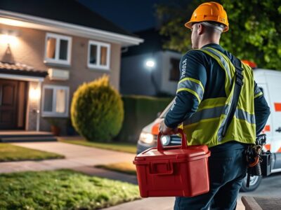 Elektriker Notdienst bei einem Einsatz mit Werkzeugkoffer